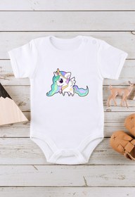 Resim Kio Tasarım Unicorn 25 Baskılı Bebek Body Zıbın Kısa Kollu Çıt Çıtlı Badi Pamuk 