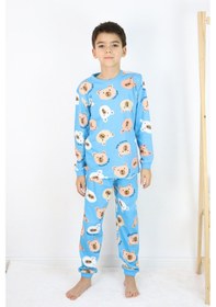 Resim Harika Kids Erkek Çocuk Baskılı İnterlok Kumaş Uzun Kollu Pijama Takımı Açık Mavi 