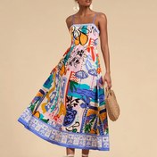 Resim Vibrant Tropical Print Kadın Maxi Elbise - Askılı Askısız, Sanatsal Çiçek Desenli, V Yaka, Diz Boyu, Tatil İçin Mükemmel, Tatil Elbisesi|Sanatsal Çiçek Desenli|Tatil İçin Hazır, Maxi Elbise 