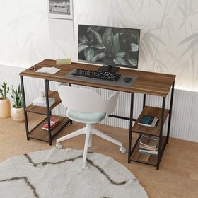 Resim Modern Çalışma Masası, Kitaplıklı, 140x50 cm, Ceviz-Siyah Metal, Ev ve Ofis için Bilgisayar Masası 