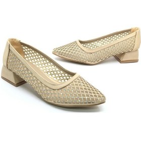 Resim Seribo Dantel Taş Detaylı Kısa Topuklu Kadın Babet Ayakkabı Altın 