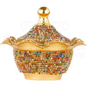 Resim Renkli Swarovski Taşlı Şekerlik Drajelik Dekoratif Büyük Yuvarlak Lalegül Altın 