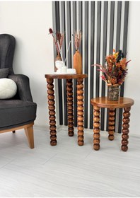 Resim ASELYA HOME Ahşap 2’li Set Boncuk Ayaklı Yan Sehpa Modern Açık Ceviz Fiskos Zigon Çiçeklik 