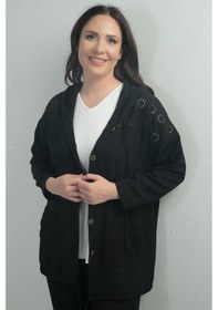 Resim By Saygı Kadın Kapüşonlu Önü Düğmeli Cepli Fistolu Büyük Beden Hırka-40854 Siyah 