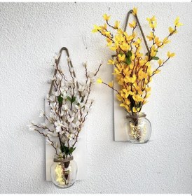 Resim Led Işıklı, Sarı Ve Beyaz Sakura Çiçekli Duvar Dekoru Beyaz İkili Set Beyaz 