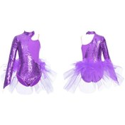 Resim Mor Çocuk Kız Payetler Tül Etekli Leotard Bir Omuz Uzun Kollu Tulum Dans Bodysuit Giyim 13 - 14 Yaş Mor 