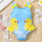Resim Bebek Kız Yeni Doğan Bebek Kız Küçük Kız Sevimli Tatil Stili Ördek Baskılı Dantelli Askılı Yay Tek Parça Mayo Havuz ve Plaj için Uygun 