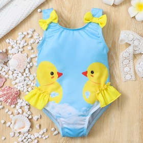 Resim Bebek Kız Yeni Doğan Bebek Kız Küçük Kız Sevimli Tatil Stili Ördek Baskılı Dantelli Askılı Yay Tek Parça Mayo Havuz ve Plaj için Uygun 