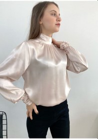 Resim Mois Atelier Pudra Saten Bluz, Tasarım, Hediye, Büyük Beden, Tesettür Pudra 