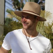 Resim Kadın ve Erkekler için Rüzgar İpi ile Geniş Kenarlı Panama Fedora Plaj Şapkası - Yazlık Hasır Güneş Şapkası 