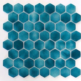 Resim MozaiKristaL Mutfak Tezgah Arası, Havuz, Banyo, Sauna, Spa, ve Yaşam Alanlarının Tüm Yüzeyleri İçin. Hegzagonal 38MM P. Turkuaz 29X29 Cm. Fileli Cam Mozaik. ( 1 M2 Fiyatıdır ) 