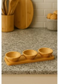 Resim 3 Lü Bambu Standlı Mini Lüx Sunum Çerezlik Servis Kasesi Lokumluk Şekerlik Bambu 