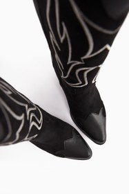 Resim Limoya Bahar Siyah Süet Nakışlı Deri Detaylı Topuklu Western, Kovboy Kadın Çizme 