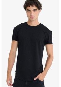 Resim DeFacto Long Muscle Fit Bisiklet Yaka Basic Düz Kısa Kollu Siyah Tişört N2104AZ25SPBK81 