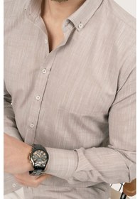 Resim Sütlü Kahve Yaka Düğmeli Keten Slimfit Kutulu Gömlek Çok Renkli 