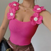 Resim Kadınların Zarif Çiçek Desenli Kolsuz Üst - Canlı Pembe Ribbed, 3D Çiçek Aplikasyonu ile, Yaz Tatili Stili, Yuvarlak Yaka, Hafif Polyester, Rahat veya Şık Kıyafetler için Mükemmel, Şık Kıyafet Üst | Çiçek Desenli Kolsuz Üst | Ribbed Dokulu 