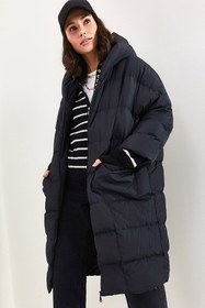 Resim MissThetis Kapüşonlu Yarasa Kol Fermuarlı Rahat Ve Geniş Kalıp Cepli Şık Ve Cool Uzun Oversize Şişme Mont 