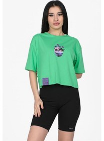 Resim Çiçek Baskılı Crop Model Tshirt Yeşil-yeşil Yeşil 
