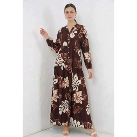 Resim Kadın Gömlek Yaka Beli Büzgülü Çiçek Desenli Viskon Taba Tesettür Elbise 