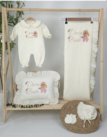 Resim Gros Shop Müslin Yeni Doğan 4katlı Organik %100pamuk Kişiye Özgü Nakışlı Hastane Çıkış Seti Tavşan Model-3 Ekru-2 