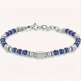 Resim Boho Stil Sentetik Lapis Lazuli Boncuklu Bileklik - Paslanmaz Çelik Kaplamasız, El Yapımı Moda Bilezik Günlük ve Hediye Etkinlikleri İçin, Anneler Günü İçin Mükemmel, Tüm Sezon Sentetik Taş Bileklik 
