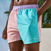 Resim Erkekler için Renk Bloklu Yüzme Şortu İpli - Hafif Polyester, Yeşim ve Pembe Paneller, Esnek Bel Bandı, Plaj, Havuz, Spor ve Günlük Giyim için Mükemmel, Plaj Kıyafeti Şortları | Renk Blok Tasarımı | Polyester Şortlar 