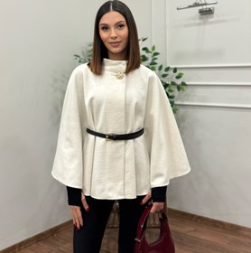 Resim Liya Kemerli Kaşe Beyaz Panço - L 