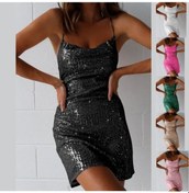 Resim Sones Kadın Parıltılı Elbise Spagetti Askılı Sarma Vücuda Oturan Elbise Kayısı 