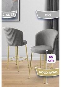 Resim Canisa Alte Serisi 2 Adet Babyface Kumaş 65 Cm Gold Kaplama Ayaklı Gri Bar Sandalyesi Gri Sandalye Gold Kaplama Ayak 