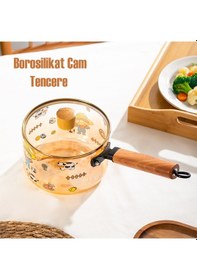 Resim Porsima Nsmbg Ahşap Saplı Isıya Dayanıklı Cam Tencere Süt Potu Borosilikat Cam Termisil Ocak Üstü Cam Tencere 1600cc Şeffaf 