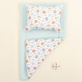 Resim Alt Açma Matı ve Yastık - Çift Taraflı - Turkuaz Örgü - Yeşil Balkabağı 