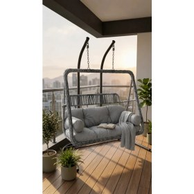 Resim Demharis Çift Kişilik Gri Rattan Bahçe Salıncağı Minderli Balkon Teras Salıncağı 