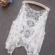 Resim Kadınlar İçin Şık Dantel Kolsuz Hırka - Hafif Polyester Açık Ön Asimetrik Etek Detaylı, İnce Nakışlı, Yarı Saydam Her Mevsim Katman Giyim, Günlük ve Resmi Kullanım için Çok Yönlü Moda, Zarif Dokuma, İşçilik Sanatı, Nakışlı Detaylar, Moda Tutkunları 