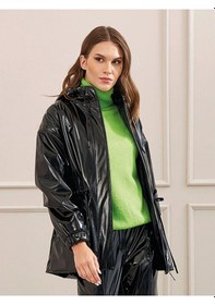 Resim Unique Mode Oversize Kapüşonlu Minimalist Kadın Yağmurluk Mont Siyah 