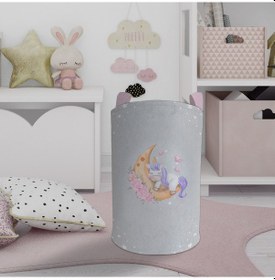 Resim Mekta Home Bebek Ve Çocuk Odası Aya Sarılan Unicorn Desenli Gri Oyuncak Sepeti Renkli Çok Renkli 
