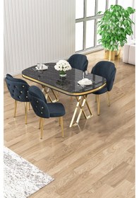 Resim Canisa Zae Serisi 90x168 Lak Panel Siyah Mermer Desen Gold Ayak Masa Takımı 4 Antrasit Sandalye Siyah Mermer Desen Masa Sandalyeler Antrasit 