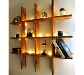 Resim Çınaroğlu AVM Doğal Ahşap LED Işıklı Çoklu Raf Dekoratif Duvar Kitap Rafı 