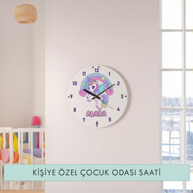Resim Kişiye Özel Unicorn Temalı Çocuk Odası Duvar Saati - 33 cm 