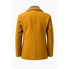 Resim Erkek Kürklü Yaka Kaşe Kaban Slim Fit Çift Düğmeli Kışlık Mont Hardal Sarısı 