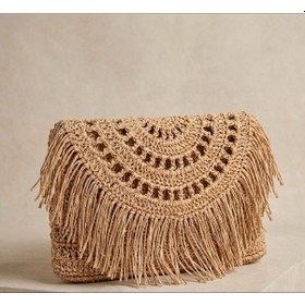 Resim Crunch Çanta El Yapımı Hasır Kağıt İp Püsküllü Clutch 