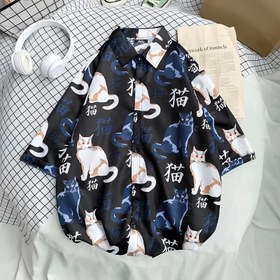 Resim Kedi Desenli Kısa Kollu Gömlek - Siyah / XL 