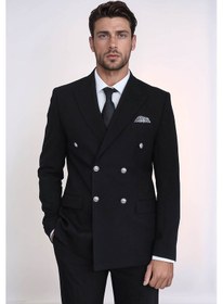 Resim Gümüş Düğmeli Slim Fit Kruvaze Siyah Erkek Takım Elbise Wessi Siyah 