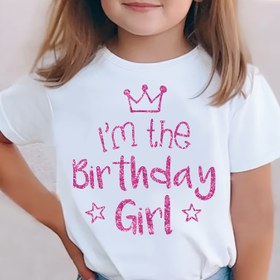 Resim Kızlar için SCKMEU 'Ben Doğum Günü Kızıyım' Parıltılı Harf Baskılı T-Shirt - Yumuşak Esnek Örgü, Yuvarlak Yaka, Kısa Kollu, Pembe ve Mor Parıltılı Metin ve Yıldızlarla, Doğum Günleri ve Günlük Giyim için Mükemmel, Doğum Günü Kıyafeti, Oynak Tasarım, Rahat Fit 