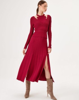 Önden Yırtmaçlı Maxi Bordo Triko Etek