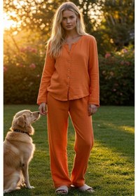 Resim Organik Müslin 2'li Takım - Kadın Pijama - Gömlek Takım- Naturel Doğal-oeko Tex Sertifikalı Kumaş turuncu 