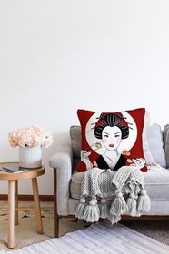 Resim RealHomes Çift Taraflı Suşi Yiyen Japon Kız Motifli Modern Raşel Örme Yastık Kılıfı, Sonil-K-5843-55x55cm 