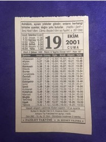 Resim 19 Ekim 2001 Takvim Yaprağı - Nostalji Koleksiyonluk Takvim Yaprağı 