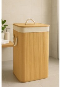 Resim Bambu Kare Kirli Çamaşır Sepeti Katlanabilir Bambu Kirli Çamaşır Sepeti Bambu 