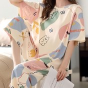Resim Yazlık Kısa Kollu Yuvarlak Yaka 3/4 Pantolonlu Bol Kesim Pijama Takımı, Kadınlar İçin Çiçek Desenli Yeni Karikatür Ayı Rahat Ev Giysisi, 2 Parça | Makinede Yıkanabilir 