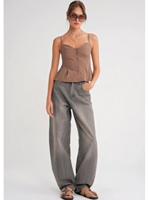 Resim Mixray 4737 Kadın Düğmeli Kuplu Pileli Bluz Moka 